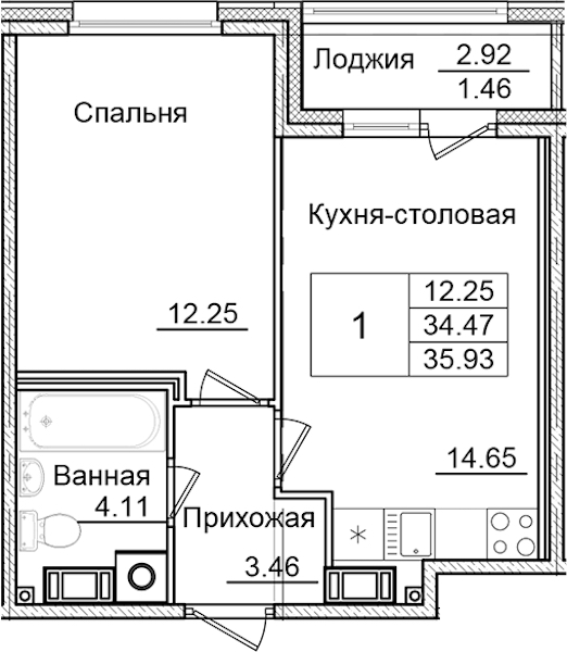 1-комнатная квартира 35.93 м², 2/9 эт., ЖК «Квартал Заречье»
